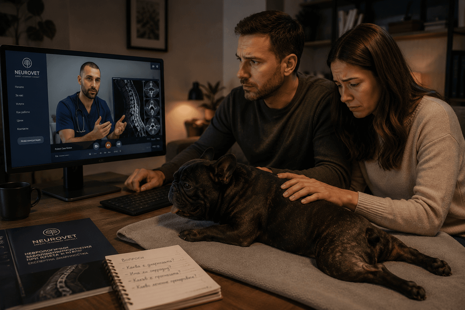 Pet owners with their dog during a remote video consultation with a veterinary neurologist
