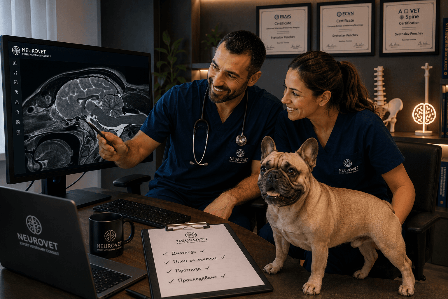 Veterinarians reviewing a brain MRI study with a canine patient