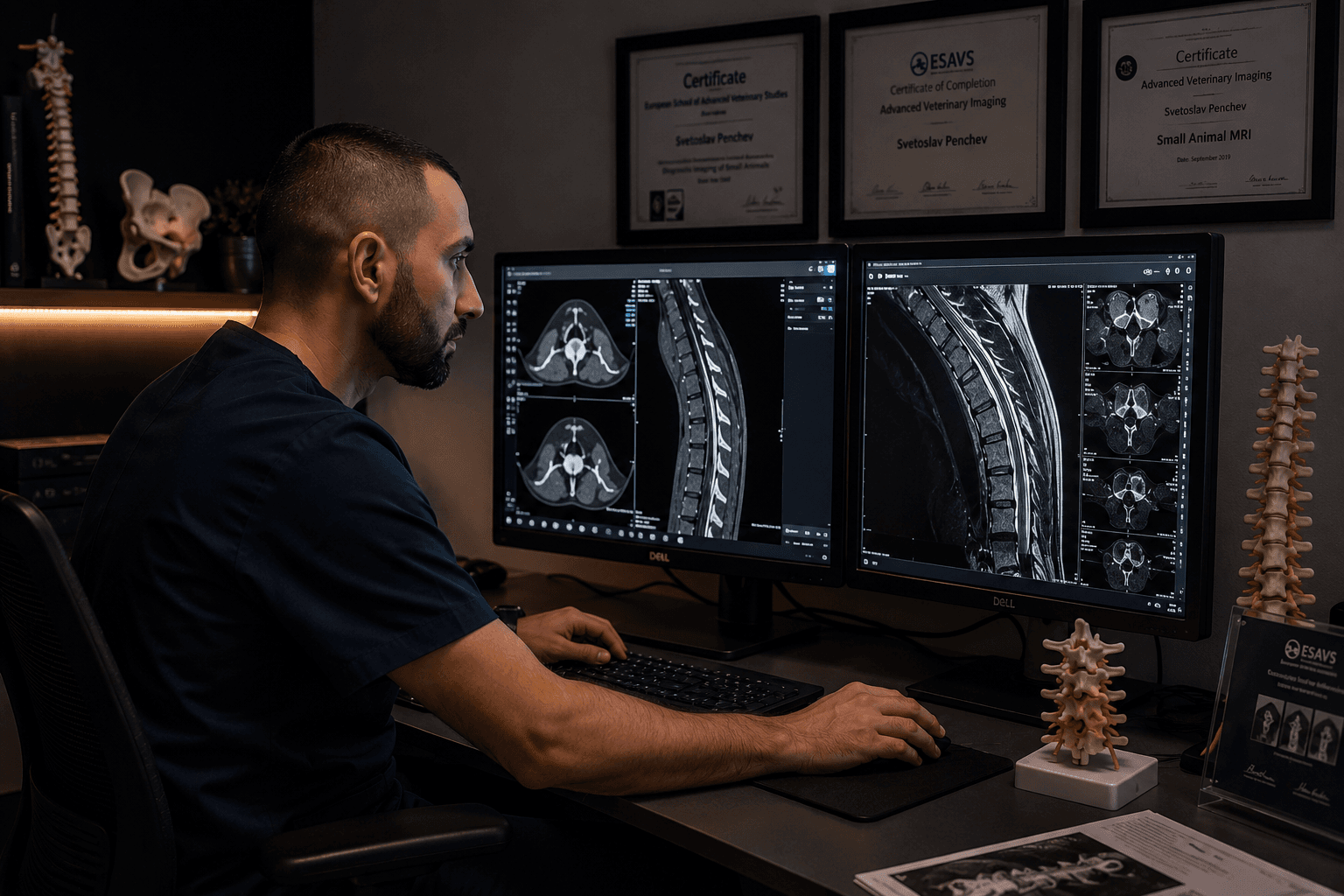 Veterinary neurologist interpreting CT and MRI studies at a diagnostic workstation