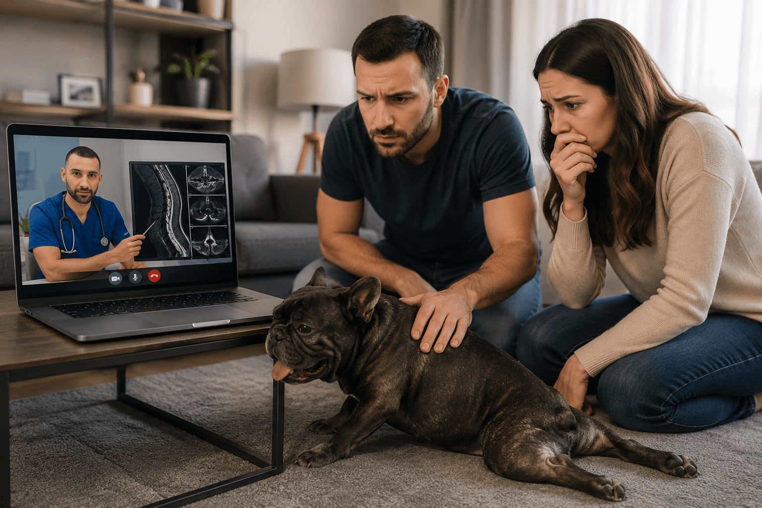 Pet owners during a remote video consultation with a veterinary neurologist