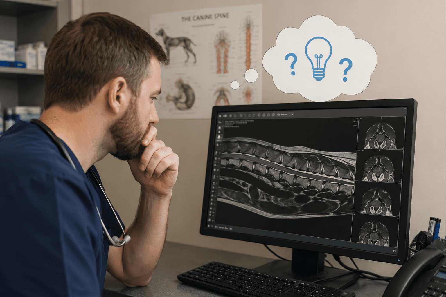 Veterinarian reviewing a spinal MRI study for a second opinion
